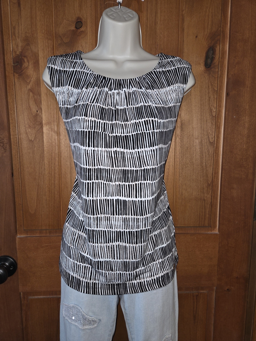 Calvin‎ Klein Black White & Tan Striped Sleeveless Blouse